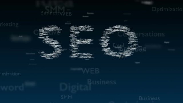 Deep blue background with different words, which deal with Search Engine Optimization. Close up. Copy space. 3D. Animatiom. 4K.