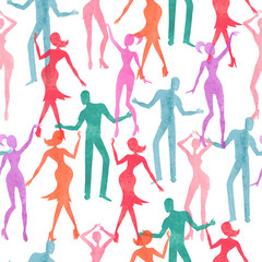 Seamless dance pattern. Vector colorful background with watercolor dancing people.