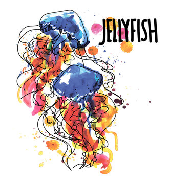 Jellyfish. Drawing by hand in vintage style. Spray paint. Bright, stylish pattern.
