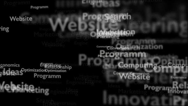 Black background with different words, which deal with design. Blurred some words. A vast of words on the background. Close up. Copy space. 3D. Animatiom. 4K.