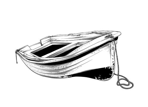 Vector drawing of wooden boat in black color, isolated on white background. Graphic illustration, hand drawing. Drawing for posters, decoration and print. Vector illustration