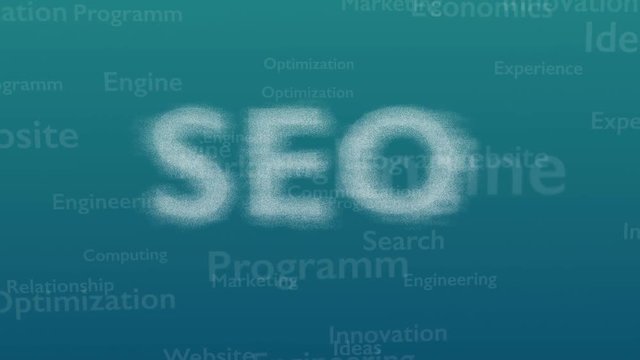 Light blue background with different words, which deal with Search Engine Optimization. Close up. Copy space. 3D. Animatiom. 4K.