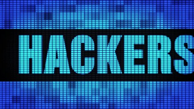 Hackers Hackers Text Scrolling on Light Blue Digital LED Display Board Pixel Light Screen Looped Animation 4K Background. Sign Board , Blinking Light, Pixel Monitor . LED Wall Pannel