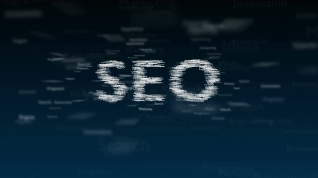 Deep blue background with different words, which deal with Search Engine Optimization. Close up. Copy space. 3D. Animatiom. 4K.