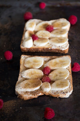 Banana and cinnamon toast with raspberry