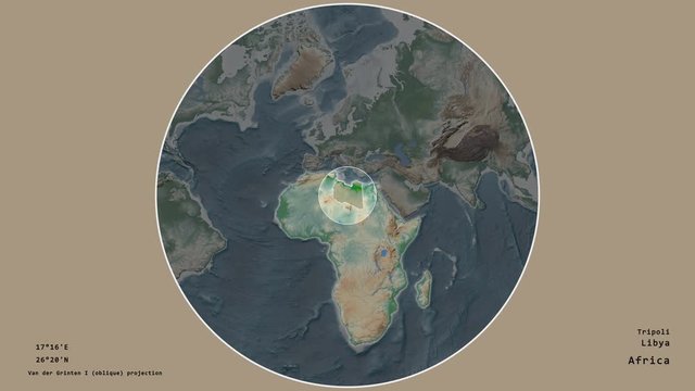 Libya and its capital circled and zoomed on the global physical map in the van der Grinten I projection with animated oblique transformation. Animation 3D
