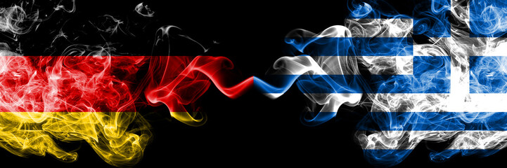 Germany vs Greece, Greek smoky mystic flags placed side by side. Thick colored silky smoke flags of Deutschland and Greece, Greek