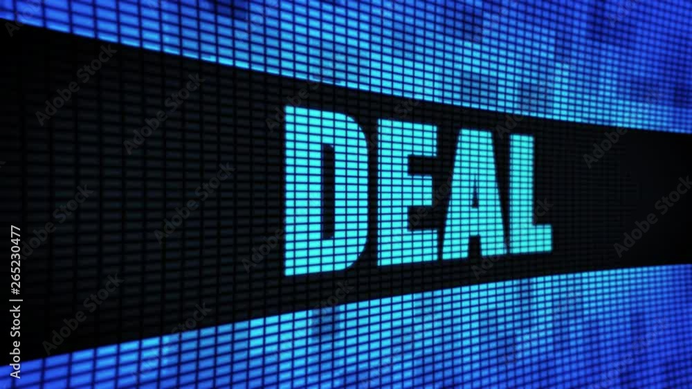 Poster deal side text scrolling on light blue digital led display board pixel light screen looped animation