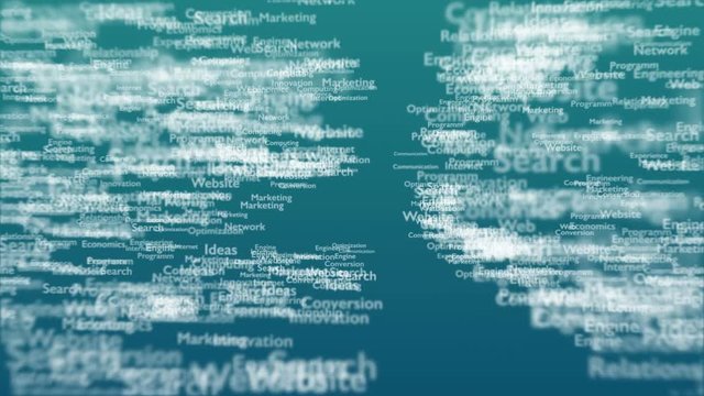 Light blue background with different words, which deal with Search Engine Optimization. The bold word is appearing from nowhere and is glowing. Close up. Copy space. 3D. Animatiom. 4K.