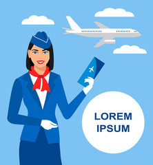 vector Illustration of stewardess dressed in blue uniform with tickets in hand