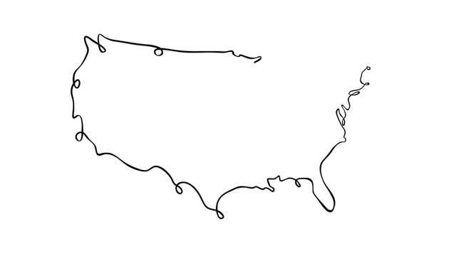 2d Animation motion graphics drawing of a map of the United States of America being self-animated on white and green screen with alpha matte in HD high definition.