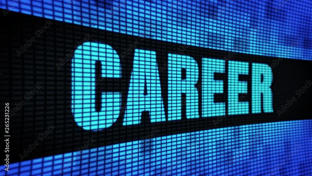 Poster career side text scrolling on light blue digital led display board pixel light screen looped animati