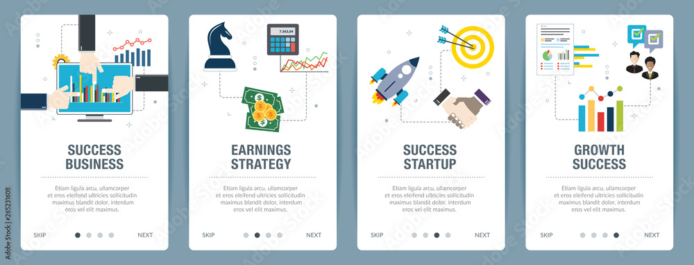 Poster vector set of vertical web banners with success business, earnings strategy, success startup and gro