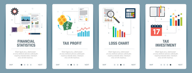 Fototapeta na wymiar Vector set of vertical web banners with financial statistics, tax profit, loss chart and tax investment. Vector banner template for website and mobile app development with icon set.