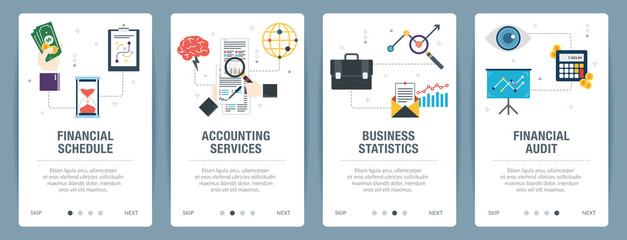 Vector set of vertical web banners with financial schedule, accounting services, business statistics, financial audit. Vector banner template for website and mobile app development with icon set.
