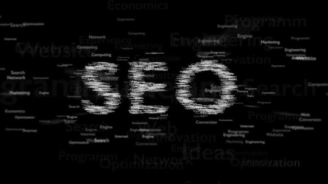 Black background with different words, which deal with Search Engine Optimization. The bold word is appearing from nowhere and is glowing, turning. Close up. Copy space. 3D. Animatiom. 4K.