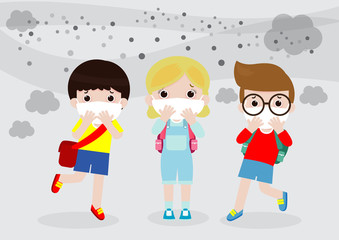 kids in masks because of fine dust, boy and girl wearing mask against smog. Fine dust, air pollution, industrial smog protection concept flat style design vector illustration.
