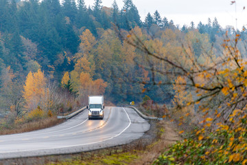 Big rig white semi truck with trailer and turned on headlight driving on the winding wet road in raining autumn weather with yellow trees