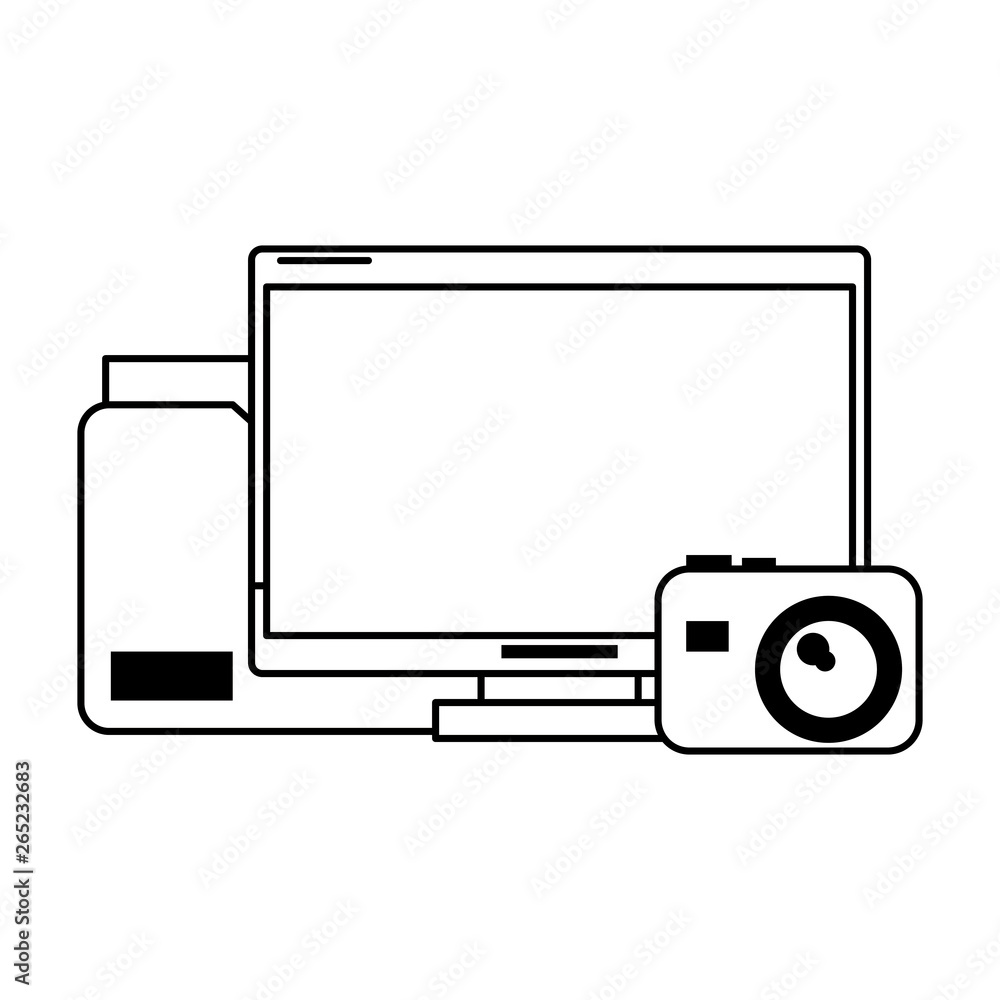 Poster computer with documents folder and camera black and white