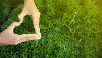Environment Day Love and Valentine's Day concept. Woman hand in shape of heart on green grass background