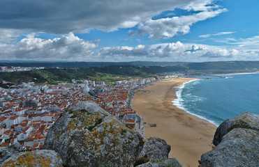 Fototapeta na wymiar Seagull on rock with the village of Nazare on the background. In Portugal