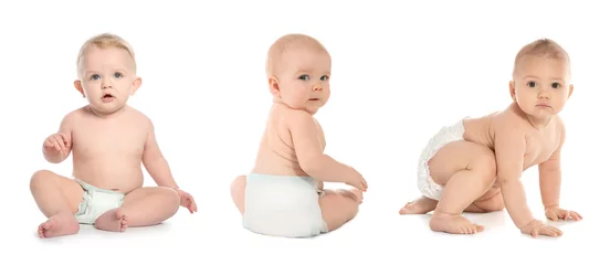 Fototapeten Set of cute little babies crawling on white background © New Africa