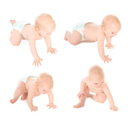 Set of cute little baby crawling on white background