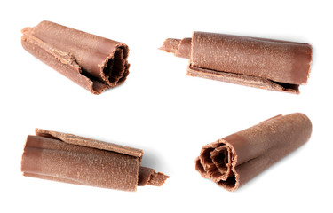 Set of delicious chocolate curls on white background