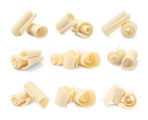 Set of delicious chocolate curls on white background