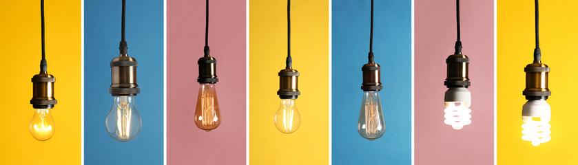 Collage of different lamp bulbs on color background