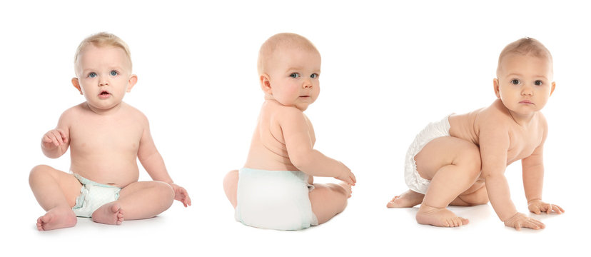 Set of cute little babies crawling on white background