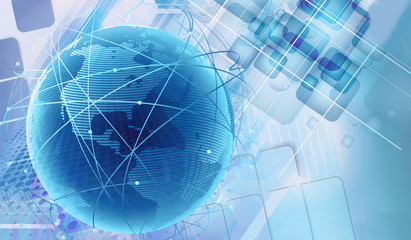 Abstract 3d rendering illustration of a multicolored futuristic big blue digital earth on a modern artwork background