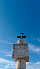 Historic column from the Portuguese explorer Vasco Da Gama in Nazare, Portugal