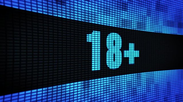 18+ Side Text Scrolling on Light Blue Digital LED Display Board Pixel Light Screen Looped Animation 4K Background. Sign Board , Blinking Light, Pixel Monitor . LED Wall Pannel