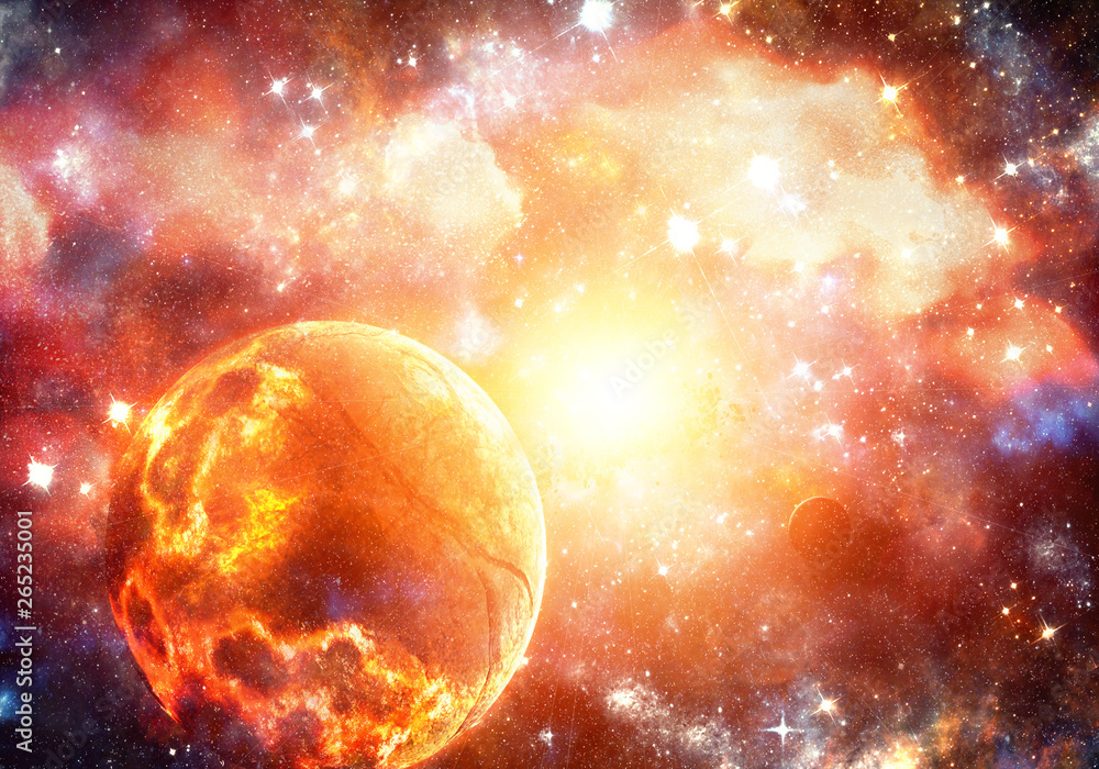 Poster abstract artistic glowing bright fiery exploding planet in a supernova background