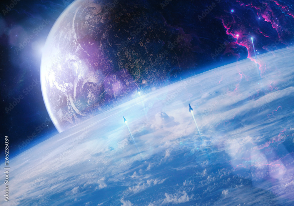 Poster smooth unique artistic planet flows into a beautiful smooth galaxy background