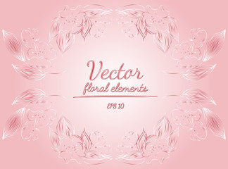 Wreath of roses or peonies flowers and branches with azalea, pale pink and white colors. Floral frame design elements for invitations and greeting cards. Hand drawn illustration. Line art. Sketch.