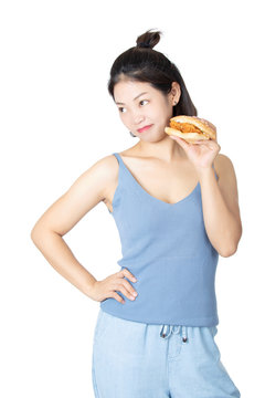 Chinese American Woman Eating Chicken Sandwich Isolated On White Background