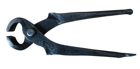 nippers, antique forged carpentry tool for removing nails from wooden structures, isolated on white...