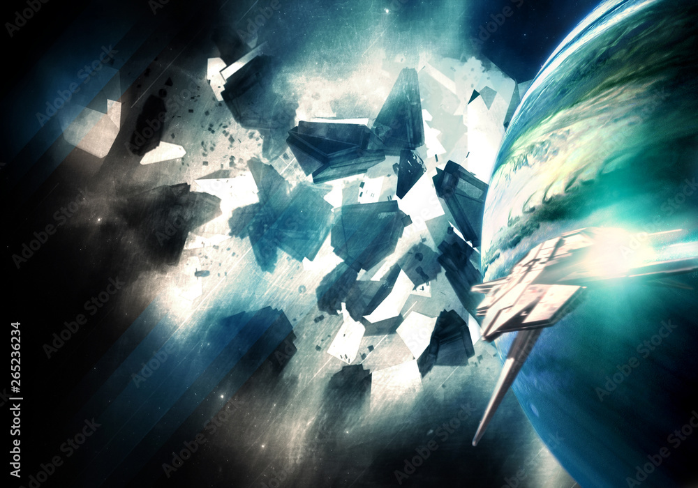 Poster amazing spaceship near a planet in a colorful nebula view in deep space