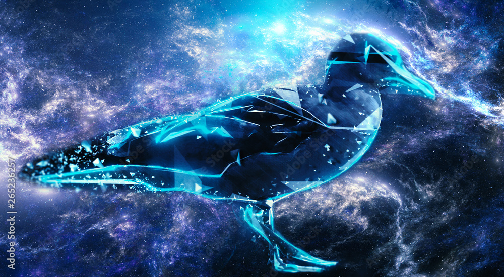 Poster abstract 3d rendering illustration of a modern digital bird in a colorful nebula galaxy artwork