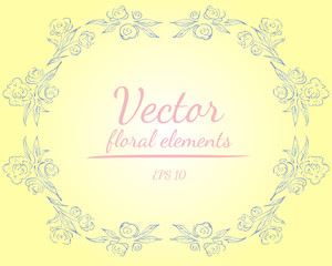 Wreath of roses or peonies flowers with shalimar, lemon, polo blue, azalea and white nectar colors. Floral frame design elements for invitations and greeting cards. Hand drawn. Line art. Sketch.