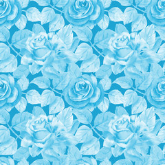 Seamless pattern. Blue rose flowers. Blue background. Flower poster, invitation. Watercolor compositions for greeting card or invitation design.