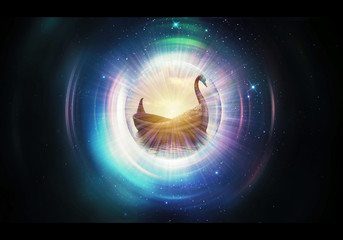 Artistic abstract 3d rendering illustration of a window to another dimension through out spacetime