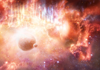 Obraz na płótnie Canvas Artistic Planet Flows Into a Beautiful Unique Multicolored Nebula Galaxy Background