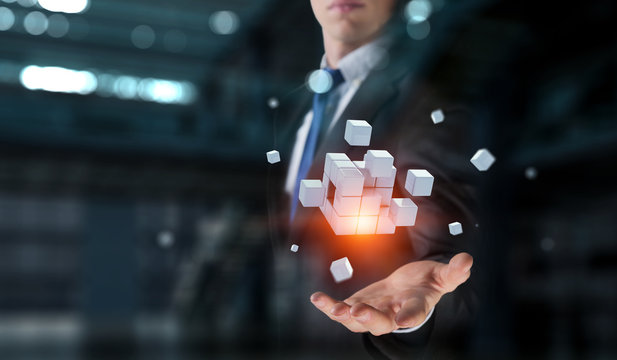 Man s hand and cubes levitating above. Mixed media - Powered by Adobe