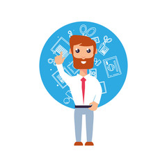 businessman elegant with hand up and set icons office