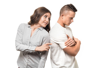 Portrait of calm woman embracing caucasian man. Woman touching her husband for reconciliation. Love and family support concept