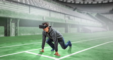 Young man in virtual reality. Mixed media