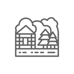 Forest house and nature landscape line icon.